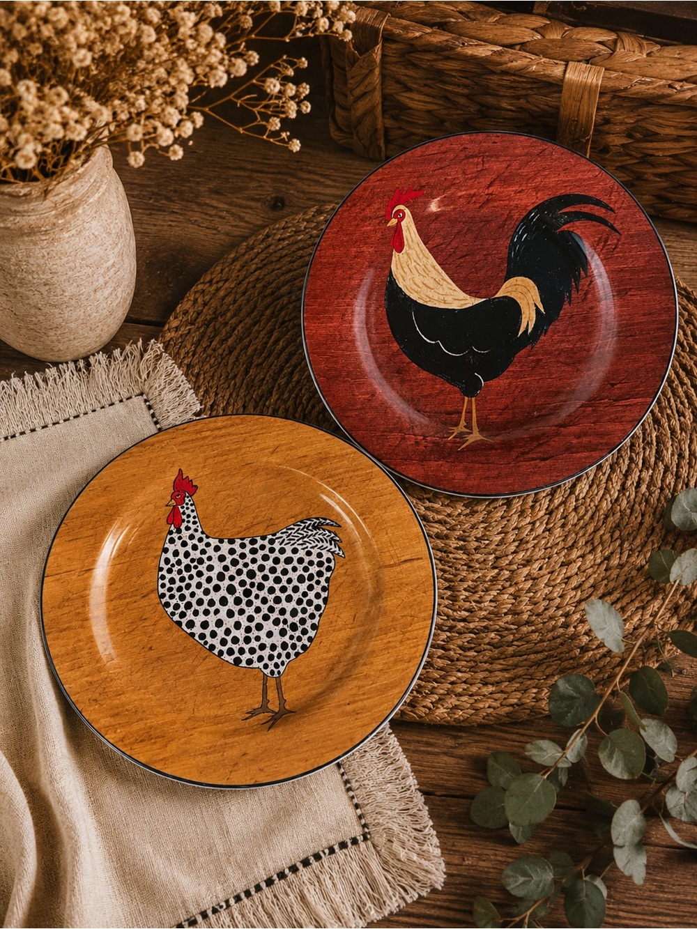 Sakura Warren Kimble Country Quartet 2 Plates Rooster & Hen Brandon House Decor